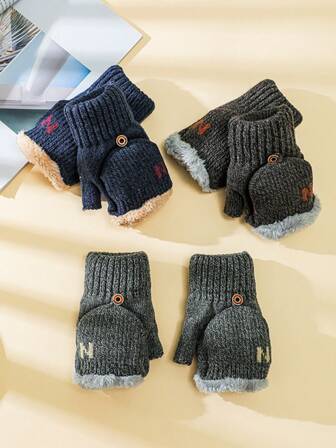 1 Pair Men's Thick Knitted Gloves, Warm Flip-Top Finger Gloves For Writing And Cycling, Autumn/Winter Men Women Clothing Winter