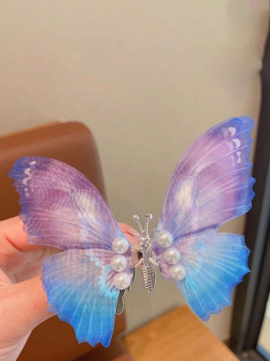 1pc Moving Butterfly Hair Clip For Children, Gradient Effect, Hair Accessory For Girls - Blue - View 1