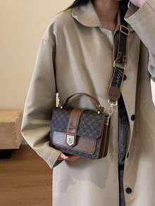 Plaid/Checkered Floral Patterned Small Square Bag For Women, Double-Layer Pu Handheld & Crossbody Bag With Twist Lock, Elegant And Versatile, Suitable For Daily Use - Brown - View 2