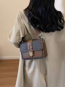 Plaid/Checkered Floral Patterned Small Square Bag For Women, Double-Layer Pu Handheld & Crossbody Bag With Twist Lock, Elegant And Versatile, Suitable For Daily Use - Brown - View 4