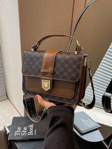 Plaid/Checkered Floral Patterned Small Square Bag For Women, Double-Layer Pu Handheld & Crossbody Bag With Twist Lock, Elegant And Versatile, Suitable For Daily Use - Brown - View 7