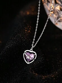 1個精美的女士首飾s925純銀粉紅鑽石心形中空項鍊,豪華逐漸透亮水晶鑽石鎖骨鏈 - 銀色 - 查看 1