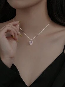 1個精美的女士首飾s925純銀粉紅鑽石心形中空項鍊,豪華逐漸透亮水晶鑽石鎖骨鏈 - 銀色 - 查看 3