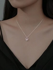 1個精美的女士首飾s925純銀粉紅鑽石心形中空項鍊,豪華逐漸透亮水晶鑽石鎖骨鏈 - 銀色 - 查看 2