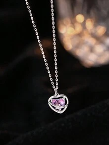 1個精美的女士首飾s925純銀粉紅鑽石心形中空項鍊,豪華逐漸透亮水晶鑽石鎖骨鏈 - 銀色 - 查看 6