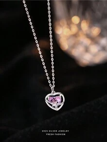 1個精美的女士首飾s925純銀粉紅鑽石心形中空項鍊,豪華逐漸透亮水晶鑽石鎖骨鏈 - 銀色 - 查看 7