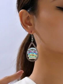 1對卡通木製和水滴形狀中空耳環,帶有復活節兔子,汽車和快樂復活節彩蛋形吊墜,適用於派對或節日裝扮,是給朋友的好禮物 - 彩色 - 查看 4