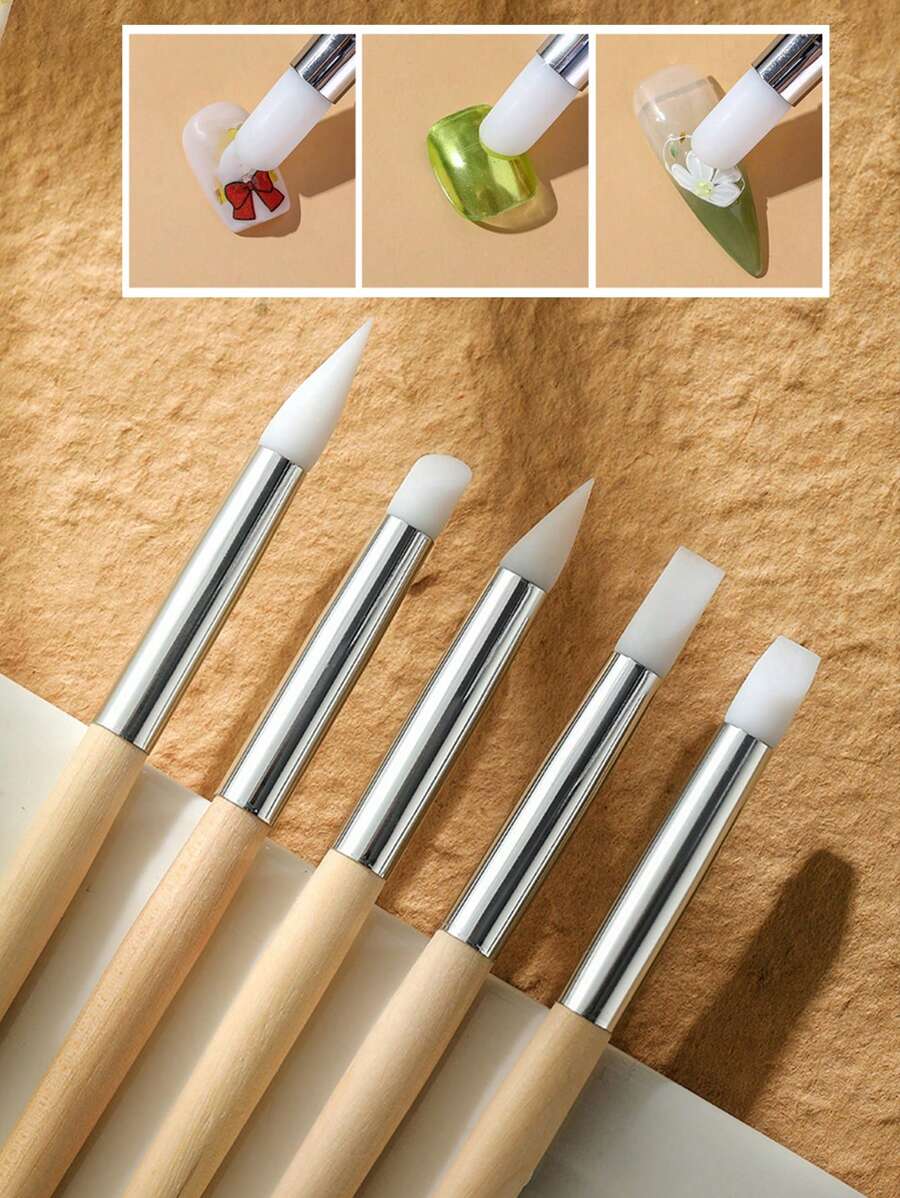 5入組木柄矽膠修指筆套裝,diy美甲工具,可雕刻、繪畫、貼片和塗抹鏡面 - 杏色 - 查看 1