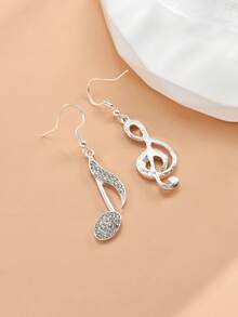 1對兒童不對稱音符造型合金耳環,鑲嵌鑽石 - 銀色 - 查看 3
