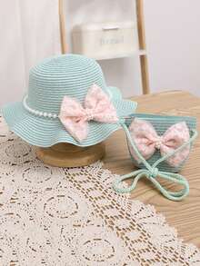 Girls' Princess Style Straw Hat Set, Including Pink Pearl Decor Bowknot Sunhat And Bag, Suitable For Daily Wear/Outdoor Beach Play - Green - View 1