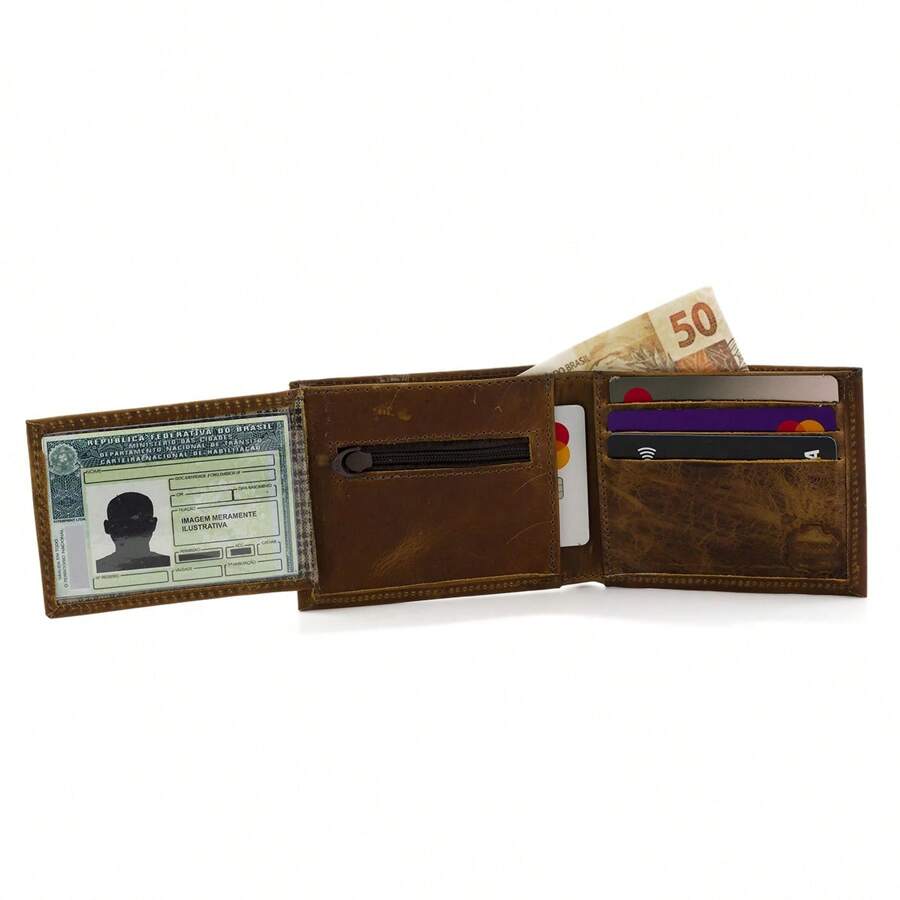 Carteira Masculina Grande Aba Para CNH, Espaço para Notas, Moedas, Cartões e Rg Envio Imediato - Caramelo - Visão 1
