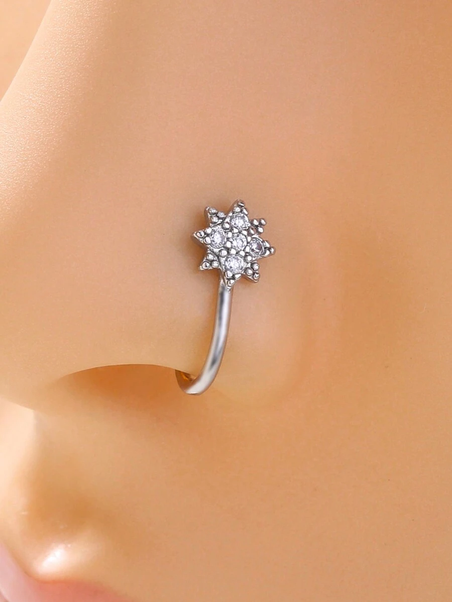 Nooxian 1pc Star Shaped Nose Ring U Shape, Tiny Inlaid, Fake Nose Piercing For Women - Silver - View 1