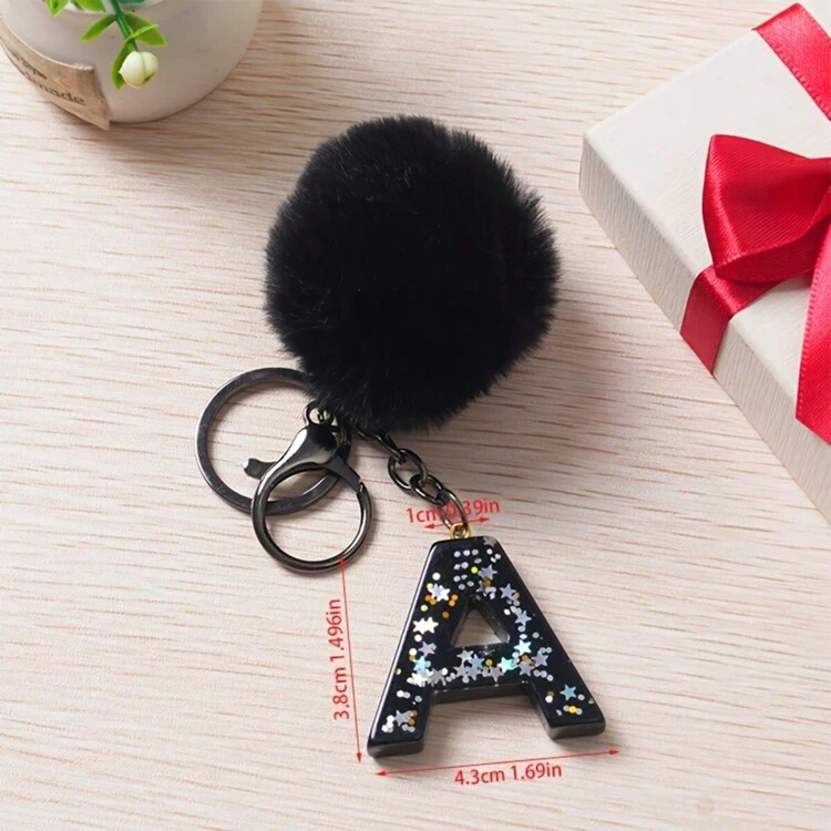 1 pieza Llavero con inicial de alfabeto, llavero de pompón de peluche lindo, llavero de resina con lentejuelas brillantes, colgante para bolsa, mochila, coche, accesorios para billetera y bolso, llavero con borlas, llavero de peluche con inicial de alfabeto A-Y - Negro - Añade 13