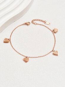 1pc Fashionable Matte Stainless Steel Heart Charm Anklet For Women, Elegant & Versatile Foot Accessory - Rose Gold - View 3