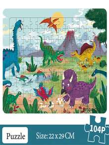 厚紙板拼圖104塊卡通恐龍形拼圖遊戲,腦筋急轉彎玩具,絕佳禮物 - 藍色 - 查看 2