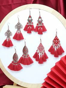 HANQI 3入組新年復古風格女士時尚紅色耳環套裝,帶流蘇,中空設計和鑽石裝飾,適用於日常生活,外出,工作,街頭拍攝,攝影,派對和其他場合 - #2 紅色3對裝 - 查看 4