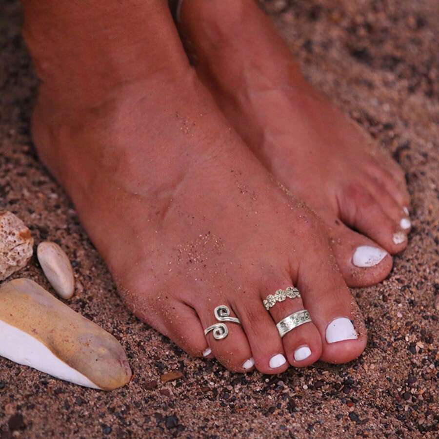 3 件套复古仿旧图腾设计趾环，适合海滩，不对称脚部首饰，适合女士和女孩