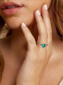 1pc S925 Sterling Silver Heart-Shaped Green Zirconia Ring, White Color, With Gift Box, Gift Set, Anniversary Gift For Mom, Grandma, Wife, Exquisite Jewelry Gift, Valentine's Day Gift - Silver - View 6