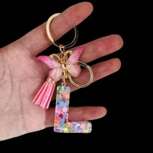 1个女士字母钥匙扣，心形闪光树脂字母，蝴蝶吊坠和流苏，新颖的背包挂件，情人节汽车配饰包包挂饰，学校万圣节配饰，教师节圣诞节礼物创意，带证件夹的挂绳，汽车配饰包包挂饰，送给母亲、父亲、毕业生和老师的礼物 - 粉色 - 查看 32
