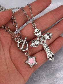 2入組哥特式復古搖滾風格＆星星設計鑽飾項鍊,情人節幸運之星選擇 - 粉色 - 查看 3