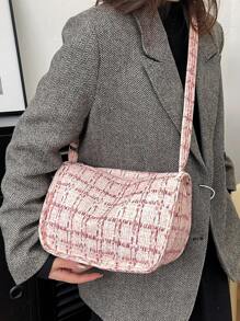 1 Pc Women's Contrast Checked Corduroy Zip Closed Fashion Shoulder Bag Suitable For Daily Office Workers' Schools In Autumn And Winter - Pink - View 4