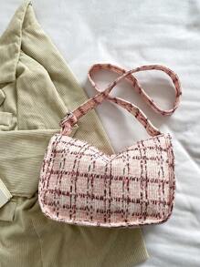 1 Pc Women's Contrast Checked Corduroy Zip Closed Fashion Shoulder Bag Suitable For Daily Office Workers' Schools In Autumn And Winter - Pink - View 5