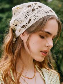 女士针织花朵纯色系带头巾，钩针编织花朵头巾，三角头套，简约头巾，夏季护发，钩针蕾丝女士头巾，复古头巾，送给女孩、女士的礼物，感恩节、教师节、圣诞节礼物，秋冬季发饰 - 彩色 - 查看 3