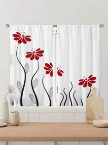 2pcs Red Flower Kitchen Curtains,Without Holes Curtain,Refer To Bedroom Office Kitchen Living Room Study Home Decor