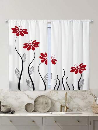 2入組紅花廚房窗簾,無孔窗簾,適用於臥室辦公室廚房客廳書房家居裝飾