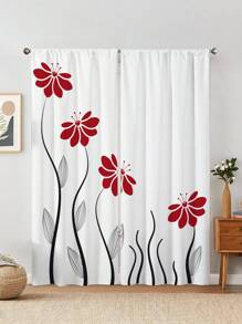 2pcs Red Flower Kitchen Curtains,Without Holes Curtain,Refer To Bedroom Office Kitchen Living Room Study Home Decor