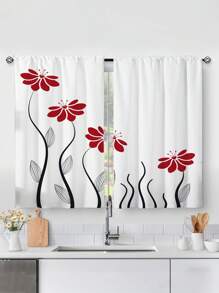 2pcs Red Flower Kitchen Curtains,Without Holes Curtain,Refer To Bedroom Office Kitchen Living Room Study Home Decor
