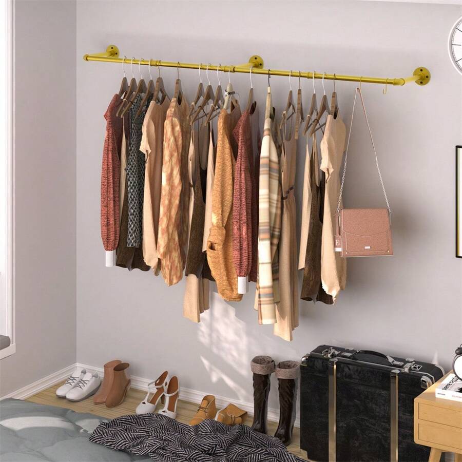 Percheros de Pared para Colgar Ropa, 180cm, Perchas de Hierro Retro , Rieles para Ropa de Tubo Industrial, Barras Colgante - Dorado - Ver 1