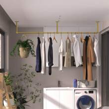 Percheros de Pared para Colgar Ropa, 180cm, Perchas de Hierro Retro , Rieles para Ropa de Tubo Industrial, Barras Colgante - Dorado - Ver 9