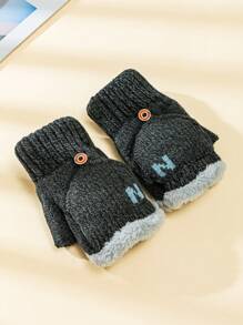 1 双男士加厚针织手套，保暖翻指手套，适合书写和骑行，秋冬季男女通用冬季服装 - 翻蓋手套 - 查看 4