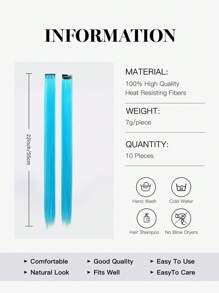 10入組淺藍色多彩夾式假髮延長片,適用於日常穿著、派對、服裝和角色扮演女孩公主派對彩色直髮延長片 22英寸 - 淺藍色 - 查看 6