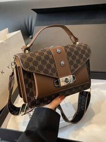 Bolso Cruzado Con Patrón De Cuadros Con Regalo Para Mujer, Elegante Y Moderno Doble Bolso De Pu Con Asa Y Cierre De Torsión, Perfecto Para Uso Diario Y Viajar - Marrón - Ver 6