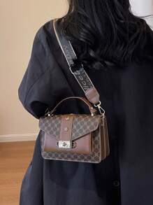 Bolso Cruzado Con Patrón De Cuadros Con Regalo Para Mujer, Elegante Y Moderno Doble Bolso De Pu Con Asa Y Cierre De Torsión, Perfecto Para Uso Diario Y Viajar - Marrón - Ver 2
