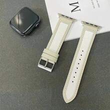 Apple Watch Band Compatible With Series 1-9, Canvas & Genuine Leather Replacement Strap - Beige - View 6