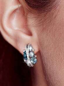 一对奢华蓝白立方氧化锆镶嵌优雅圆形耳环，适合女孩参加婚礼派对，是皇家风格的珠宝礼物。情人节配饰 - 藍色 - 查看 2