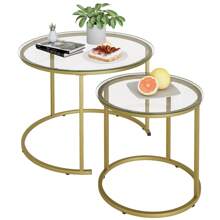 Gold Nesting Coffee Table Set Of 2, Small Glass Nesting Tables For Living Room Bedroom, Accent Tea Table With Metal Frame Modern Industrial Simple - 金色 - 查看 1