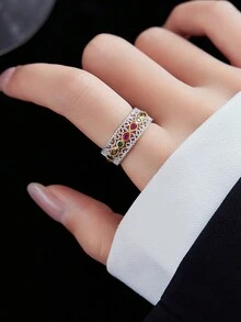 1入時尚奢華s925純銀復古宮廷風格花綴開口戒指,適用於女性日常穿戴派對禮物 - 銀色 - 查看 7