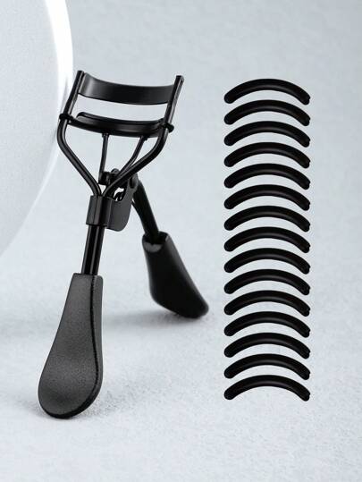 1pc Portable Eyelash Curler And 15 Silicone Pads, Black Curved Handle Eyelash Curler,Curling & Shaping,Not Hurting Eyelashes,Lash Lift,Big Eye,For Women Eye Brow