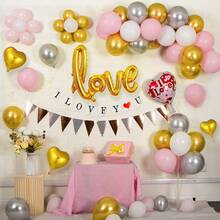 1 Set I Love You Fish Tail Bunting & 10-Inch Love-Shaped Red & Pink Balloons For Wedding Anniversary Party, Engagement Party, Valentine's Day Party, And Birthday Party Decorations - Love Golden Balloon Set - View 5