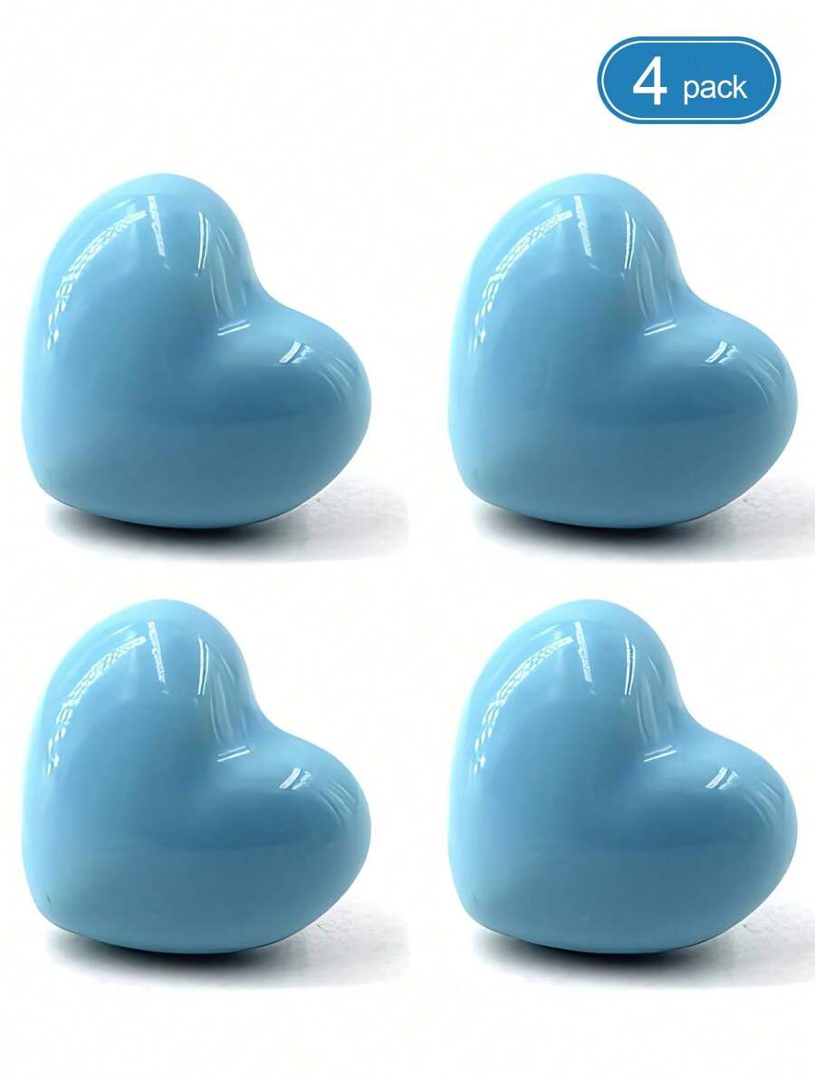 4pcs/Set Porcelain Drawer Knob, Creative Heart Shaped Drawer Handle For Home - Blue - View 1