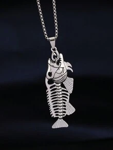 1 Miếng Mới Châu Âu và Châu Mỹ Phong cách Thép Titan Xương cá Thế giới Vòng cổ mặt dây chuyền Đúng mốt Nam Ác quỷ Cá Dây chuyền - Màu Bạc Cổ - Xem 11