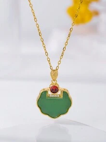 1入微鑲金邊葫蘆形幸運鎖項鍊,時尚設計,18k電鍍,節日派對的完美珠寶禮物,適合女士 - 綠色 - 查看 9