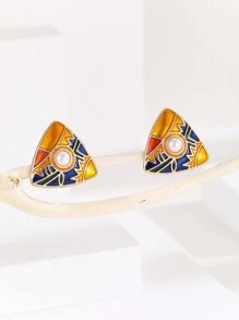 復古三角形鏤空琺瑯製作油畫女用夾式耳環 - 金色 - 查看 2