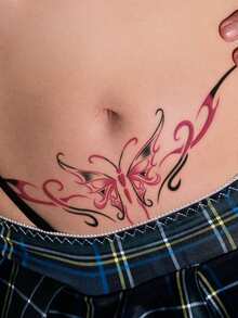 STARTTOOS 1 Pieza Tatuaje Temporal Corporal Con Diseño De Mariposa Degradado Rojo-negro Para Pecho, Abdomen, Línea De Bikini - Multicolor - Ver 2