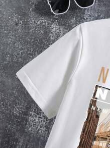 Camiseta De Manga Corta Con Estampado De Paisaje Y Eslogan Para Niños - Blanco - Ver 4