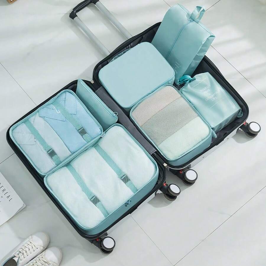 7pcs Travel Packing Cubes, Luggage Organizer Bags, For Clothes, Shoes, Cosmetics And Toiletries, Outdoor Trip - Mint Blue - View 1